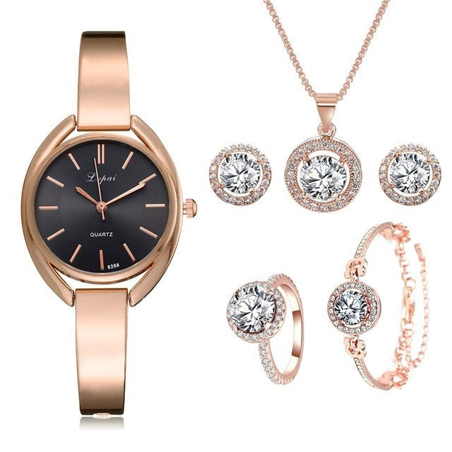 طقم ساعه 6  قطعLuxury Ladies Watch 6pcs Set