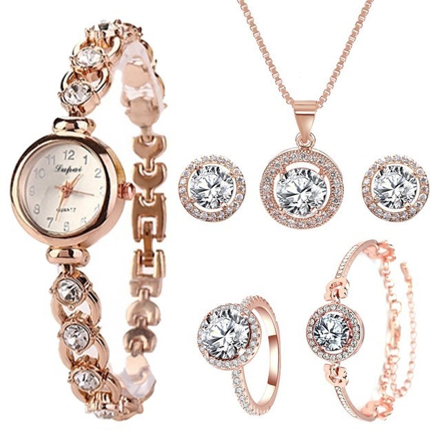 طقم ساعه 6  قطعLuxury Ladies Watch 6pcs Set