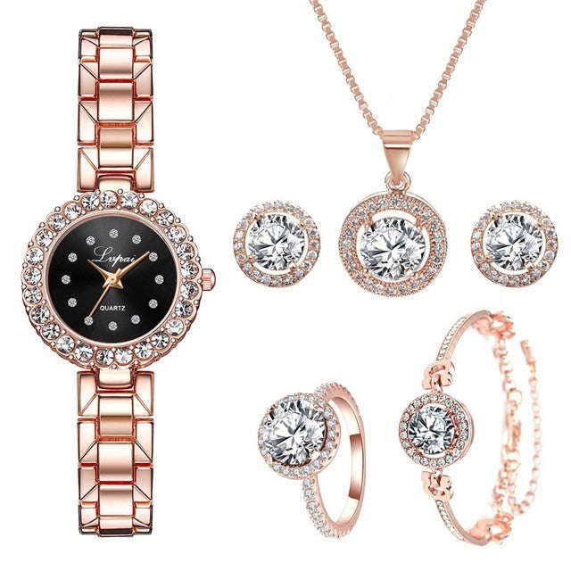 طقم ساعه 6  قطعLuxury Ladies Watch 6pcs Set