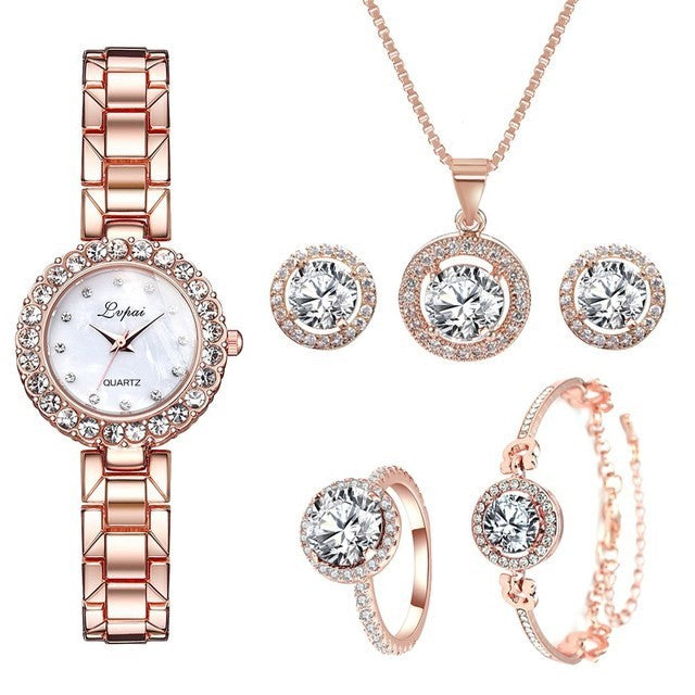 طقم ساعه 6  قطعLuxury Ladies Watch 6pcs Set